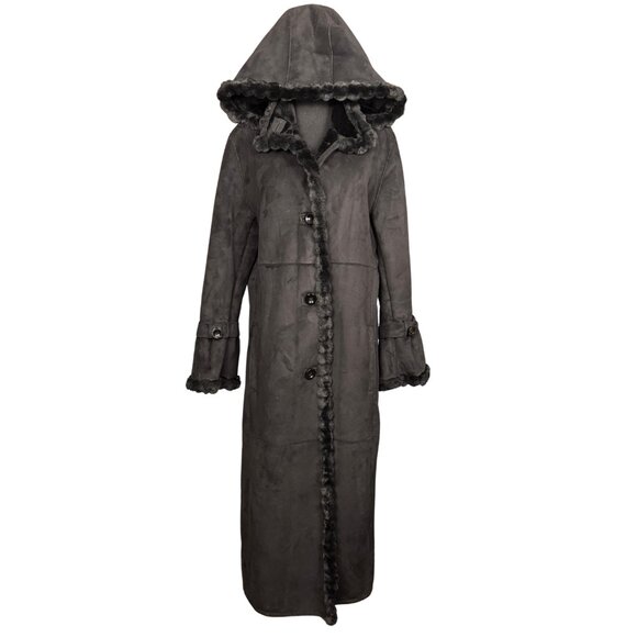 Vintage Black Faux Shearling Coat, Bell Sleeve, Boho Grunge Long Peacoat - Picture 6 of 14